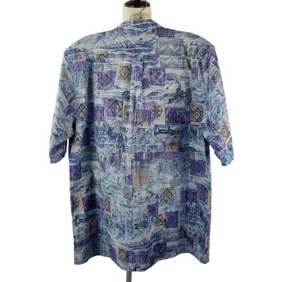 Go Barefoot Blue Purple Hawaiin Men's Short Sleeve Vintage Tropical Beach Shirt - Picture 2 of 4